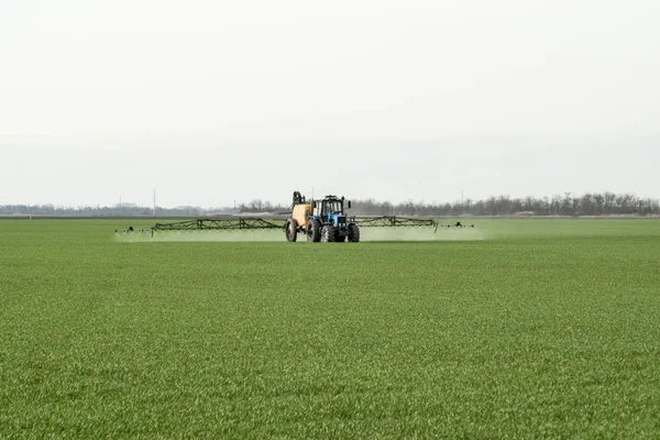 Traktor Dengan Roda Tinggi Membuat Pupuk Pada Gandum Muda Penggunaan — Stok Foto