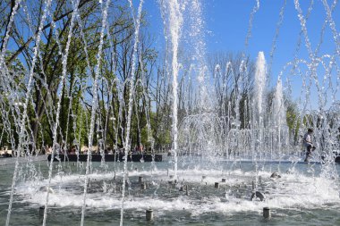 Krasnodar, Rusya - 1 Mayıs 2017: Şehir çeşme Krasnodar şehir. İnsanlar çeşmenin yürüyor. Su sıçraması.