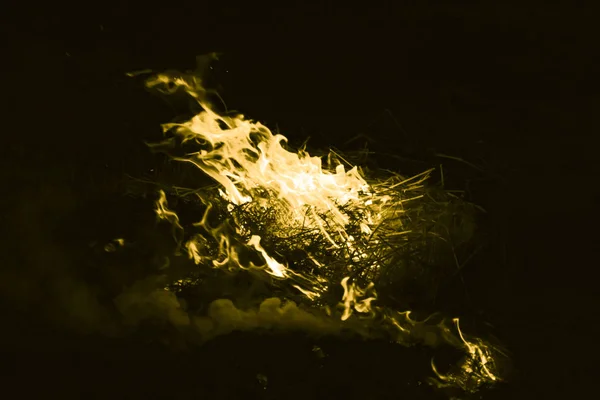 Flamme Jaune Feu Brûlage Paille Riz Nuit — Photo