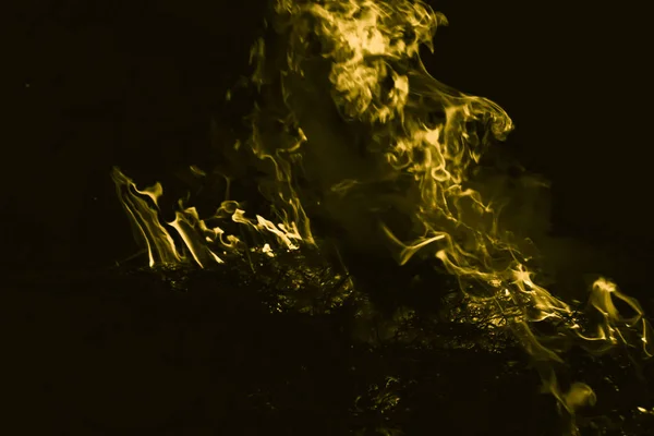 黄色い炎 夜稲わらを焼却 — ストック写真