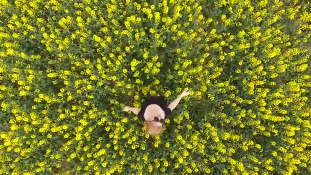 Ein Mädchen in einem schwarzen Kleid inmitten der Farben der Vergewaltigung auf dem Feld. Spazieren Sie das Mädchen zwischen den gelben Blumen. blühender Raps — Stockvideo