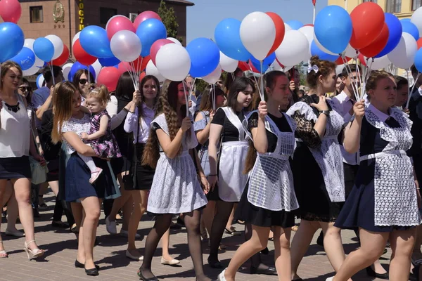 Slavyansk-on-Kuban, Russia - May 1, 2018: Celebrating the first of May, the day of spring and work. May Day parade on the Theater Square in the city of Slavyansk-on-Kuban.