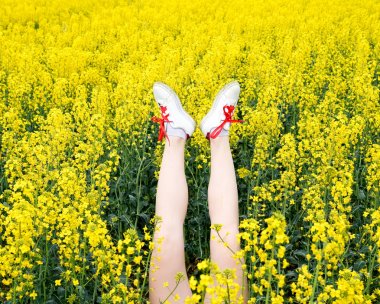 Çiçekler dışarı yapışmasını spor ayakkabı kadın bacaklar. Bacaklar yukarı. Bacaklar sarı tecavüz çiçekleri arka planı