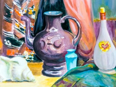 Natürmort. Takip etti bir natürmort, bir vazo, yemekler, bir