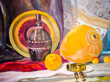 Natürmort. Takip etti bir natürmort, bir vazo, yemekler, bir