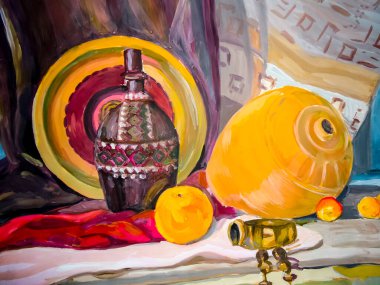 Natürmort. Takip etti bir natürmort, bir vazo, yemekler, bir