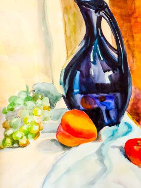 Natürmort. Takip etti bir natürmort, bir vazo, yemekler, bir