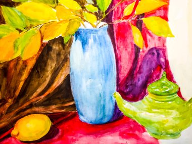 Natürmort. Takip etti bir natürmort, bir vazo, yemekler, bir