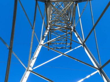 Yüksek voltajlı elektrik hatları mavi gökyüzüne karşı destekler. Sağa sola görüntülemek