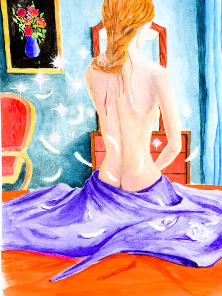 Γυμνό κορίτσι που κάθεται στο κρεβάτι. Άγγελος αμαρτήσει και έχασε τα φτερά του — Φωτογραφία Αρχείου