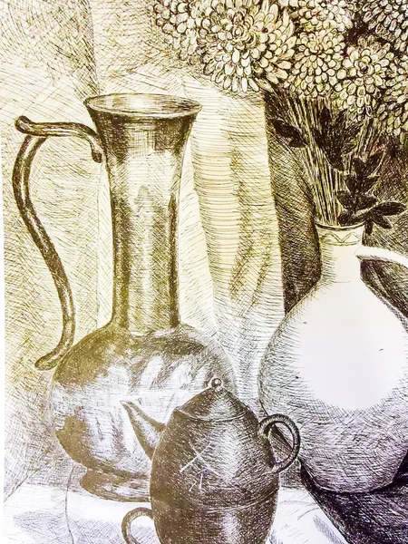 Ainda é vida. Uma pintura retratando uma natureza morta, um vaso com flowe — Fotografia de Stock