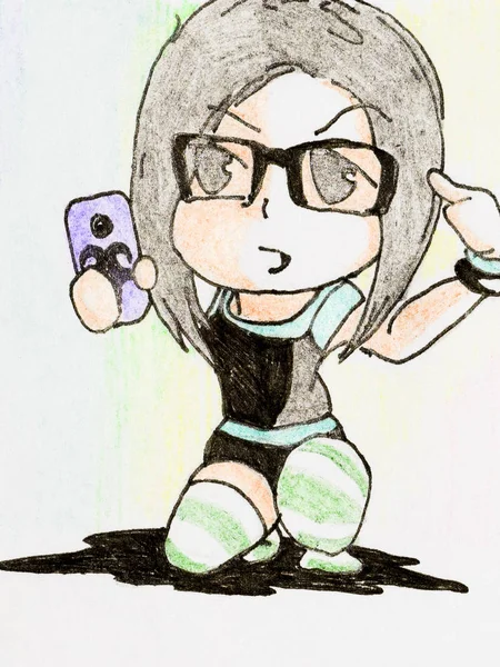 The girl hipster trying to make selfie. Caricature of fans do se — Stock Photo, Image