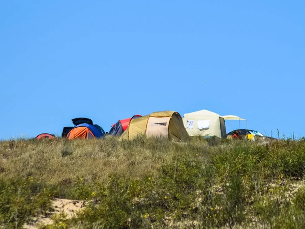 Tende turistiche pieghevoli tra la vegetazione costiera. La tenda è modalità — Foto Stock