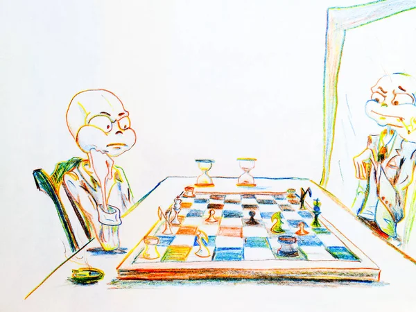 Dystrofa med stort huvud spelar schack med själv i mir — Stockfoto
