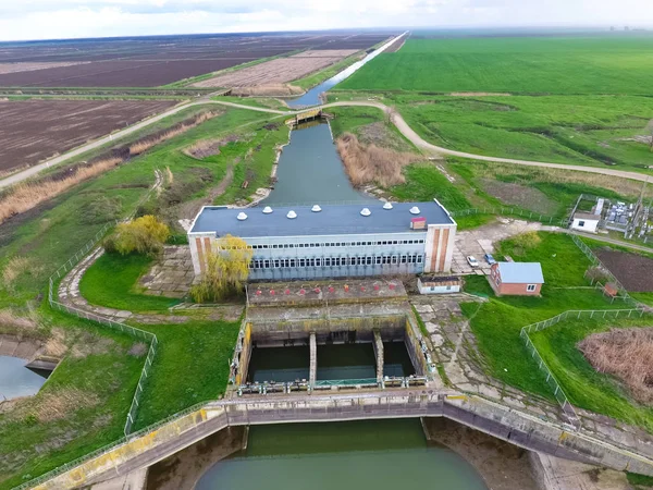 Water pumping station of irrigation system of rice fields. View