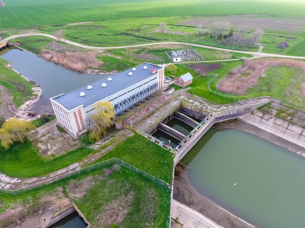 Water pumping station of irrigation system of rice fields. View