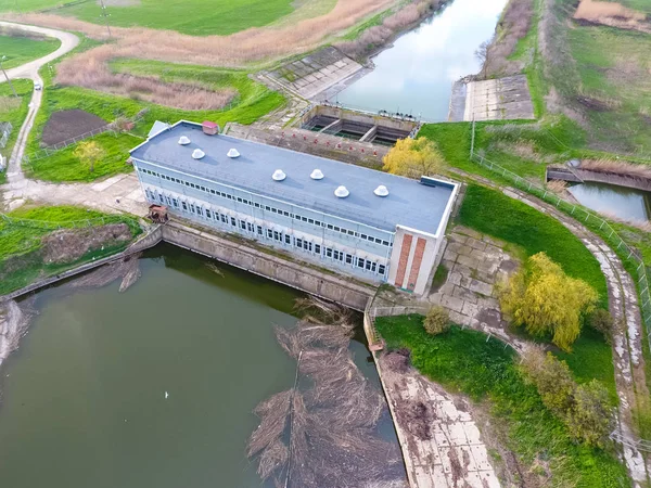 Water pumping station of irrigation system of rice fields. View