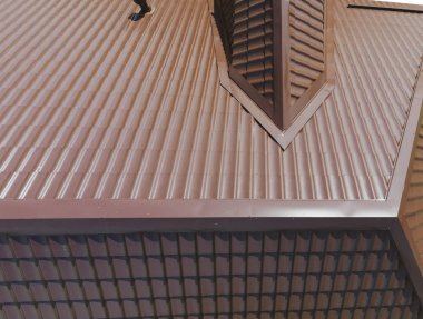 Evin çatısı bir görünüm yukarıdan. Oluklu levha çatı. Çatı metal profil dalgalı şeklinin