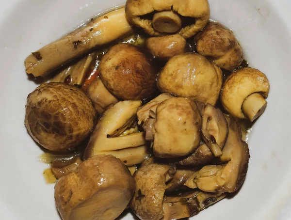 Gekochte Champignon-Pilze in weißem Teller — Stockfoto