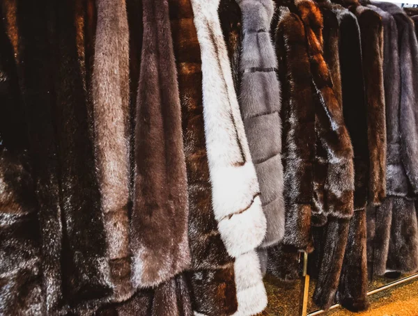 Fur coats on hangers. Fur store. fur coats in a row