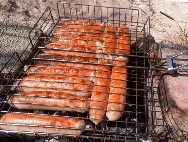 Bir ateşe kızarmış kupaty tavuk. Barbekü