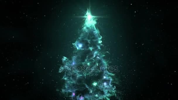 Nebulosa ciana turquesa Árbol de abeto de Navidad fondo lazo sin costuras resolución 4k . — Vídeo de stock
