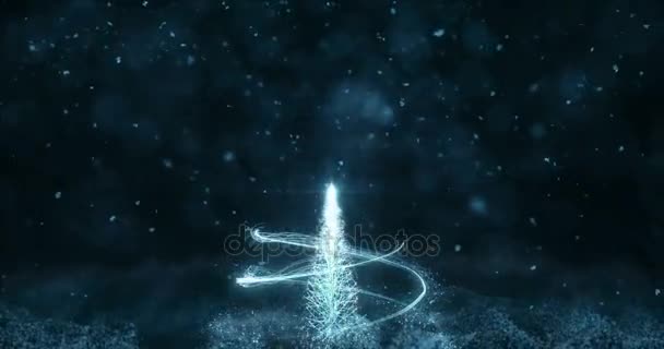 Animado azul Navidad abeto árbol estrella fondo bokeh nevada 4k resolución — Vídeo de stock