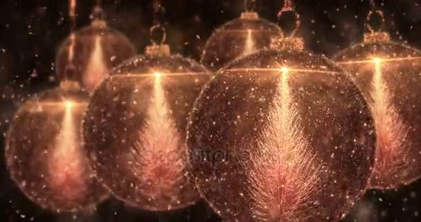 Oro bolas de Navidad adorno de la bola con el lazo de fondo del árbol de abeto 4k — Vídeo de stock
