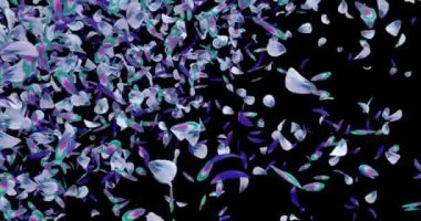 Mor mavi yeşil çiçek yaprakları düşen arka plan Alfa mat döngü 4 k uçan