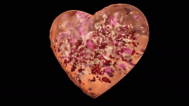 旋转橙冰玻璃心脏与雪花五颜六色的花瓣α哑光循环 — 图库视频影像