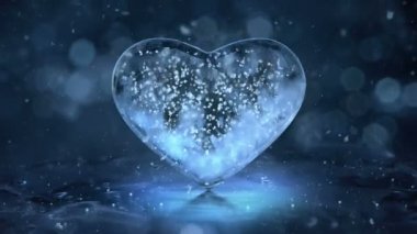 Mavi buz cam kalp hareketli arka plan Loop 4k içinde kar taneleri ile