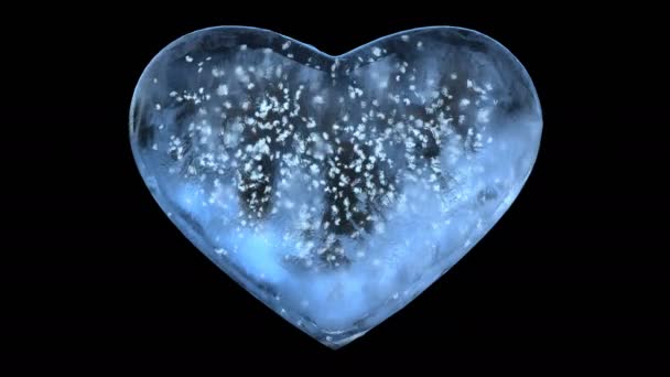 Μπλε πάγου γυάλινη καρδιά με νιφάδες χιονιού μέσα άλφα ματ βρόχο 4k — Αρχείο Βίντεο