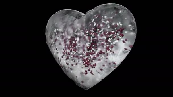 Coeur rotatif en verre de glace blanc avec flocons de neige, boules rouges Alpha Matte Loop 4k — Video