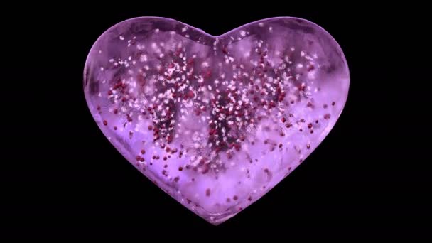 粉红色冰玻璃心脏与雪花和红色球在α哑光循环4k — 图库视频影像