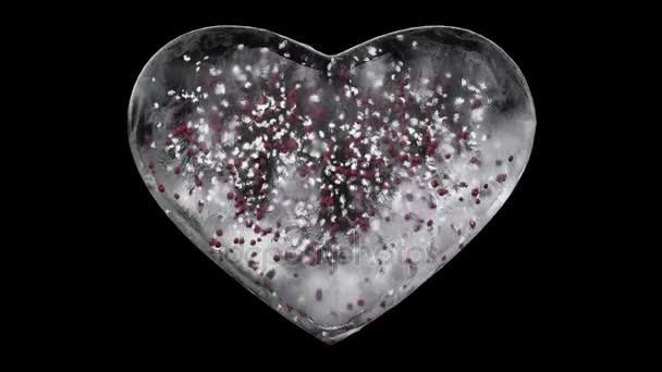 Λευκό πάγου γυάλινη καρδιά με νιφάδες χιονιού, κόκκινες μπάλες μέσα άλφα ματ βρόχο 4k — Αρχείο Βίντεο