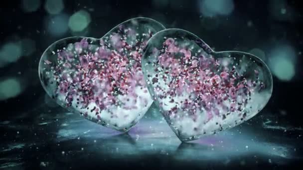 Dois corações de vidro de gelo Noir cinza com pétalas coloridas movimento fundo Loop — Vídeo de Stock