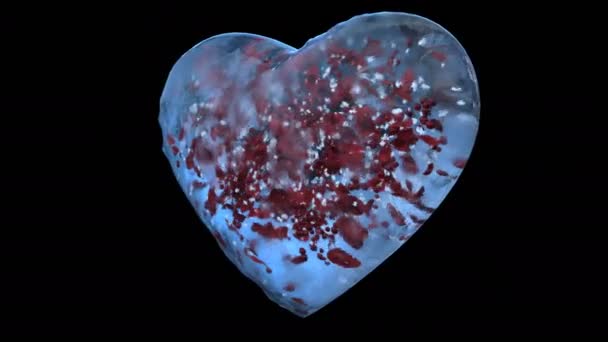 Поворот серця скло синього льоду з пелюстками сніжинки, червоний альфа матовий петлю 4 к — стокове відео