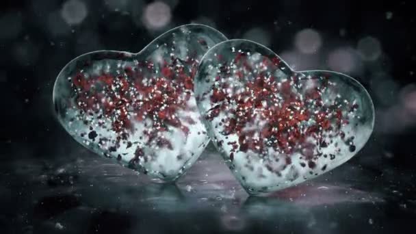 Deux coeurs gris en verre glacé noir avec pétales rouges fond de mouvement boucle 4k — Video