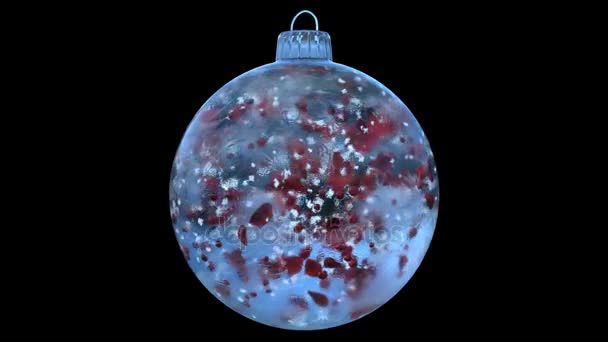 Navidad giratorio azul hielo vidrio Bauble decoración pétalos rojos alfa lazo mate — Vídeos de Stock