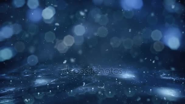 Invierno Movimiento fondo azul luces nieve cayendo sobre hielo desenfocado bokeh loop 4k — Vídeo de stock