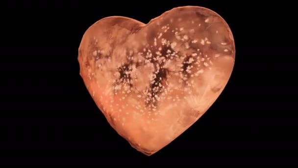 Corazón de cristal de hielo naranja giratorio con copos de nieve dentro de Alpha Matte Loop 4k — Vídeos de Stock