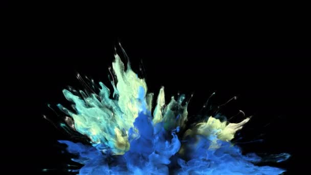 彩色爆裂-彩色蓝色黄色烟雾爆炸液粒子α哑光 — 图库视频影像