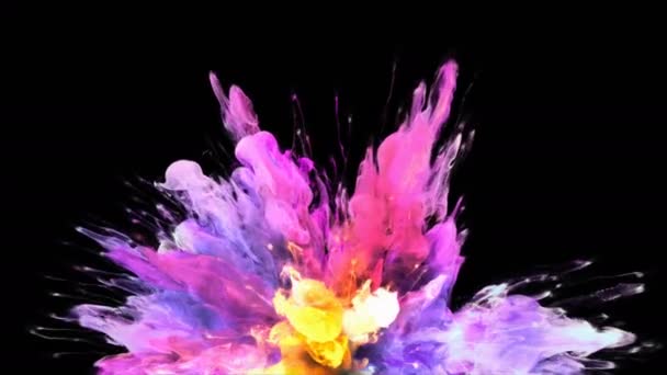Burst - kleurrijke paarse gele rook explosie vloeistof deeltjes Alfa matte kleur — Stockvideo