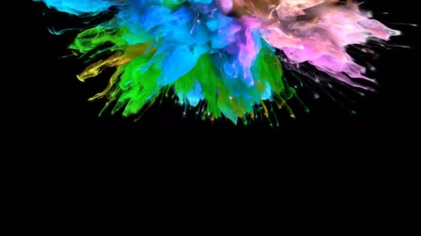 Színes robbanás színes rózsaszín kék zöld füst robbanás folyadék részecskék alfa Matt — Stock videók