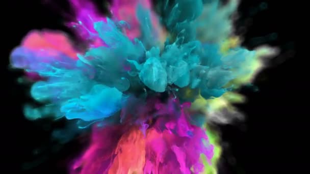 Farbe platzt - bunte Cyan Magenta Rauch Explosion Flüssigkeitspartikel alpha matt — Stockvideo