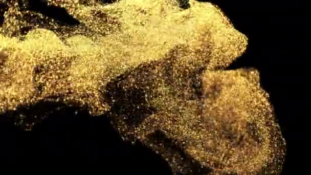 Gouttes scintillantes de paillettes dans l'eau tourbillonnant particules fluides brillantes alpha — Video