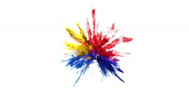 Rojo amarillo azul Color Explosión de humo polvo partículas remolinadas alfa mate — Vídeos de Stock