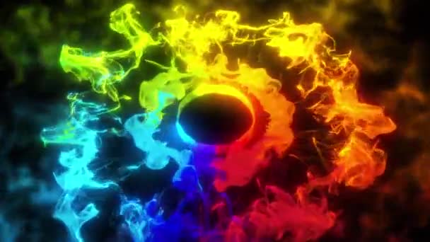 Múltiples explosiones de partículas de onda expansiva pulsante multicolor iridiscentes alfa — Vídeos de Stock