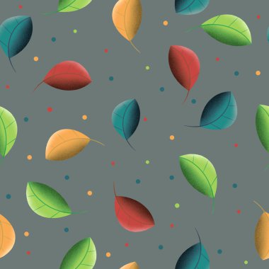 Renkli uçan yapraklara sahip kusursuz vektör deseni, çizim tarzınız için gri arkaplanda izole edilmiş.