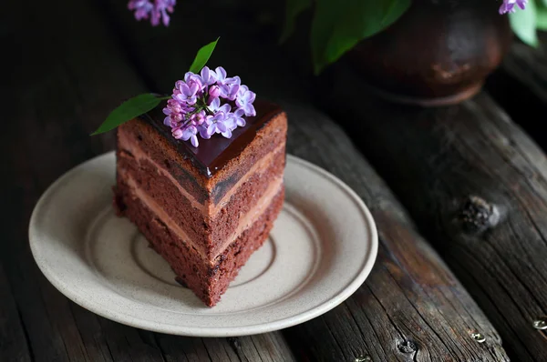 Piece of chocolate cake decorated with lilac — Stock Photo, Image